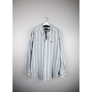Chaps Button Down Shirt Mens XL Blue White Yellow Easy Care Striped Work Casual